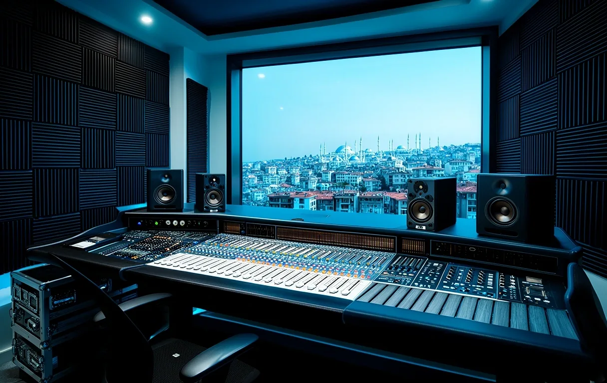 Modern içerik üretim stüdyosu ve İstanbul silüeti